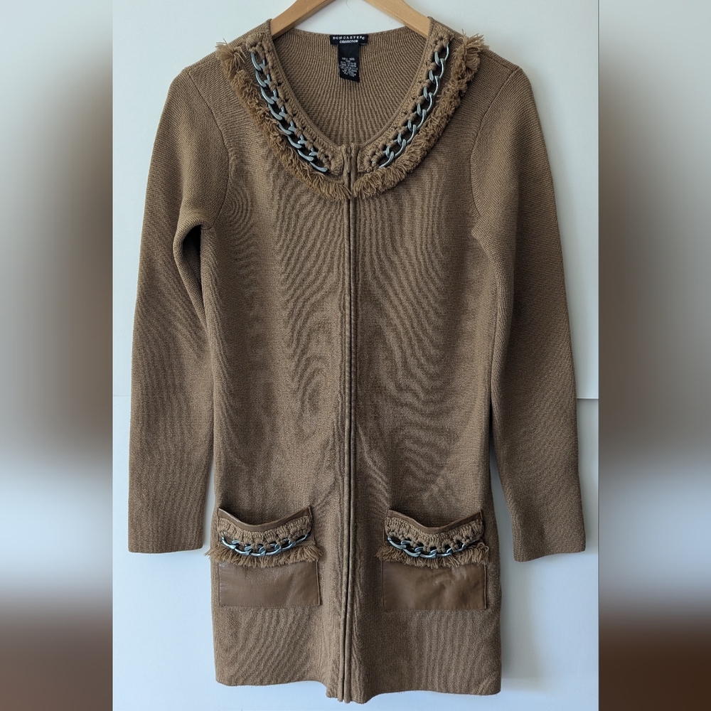 Doncaster Collection Wool Zip Cardigan W/ Leather & Metal Accents Camel Brown